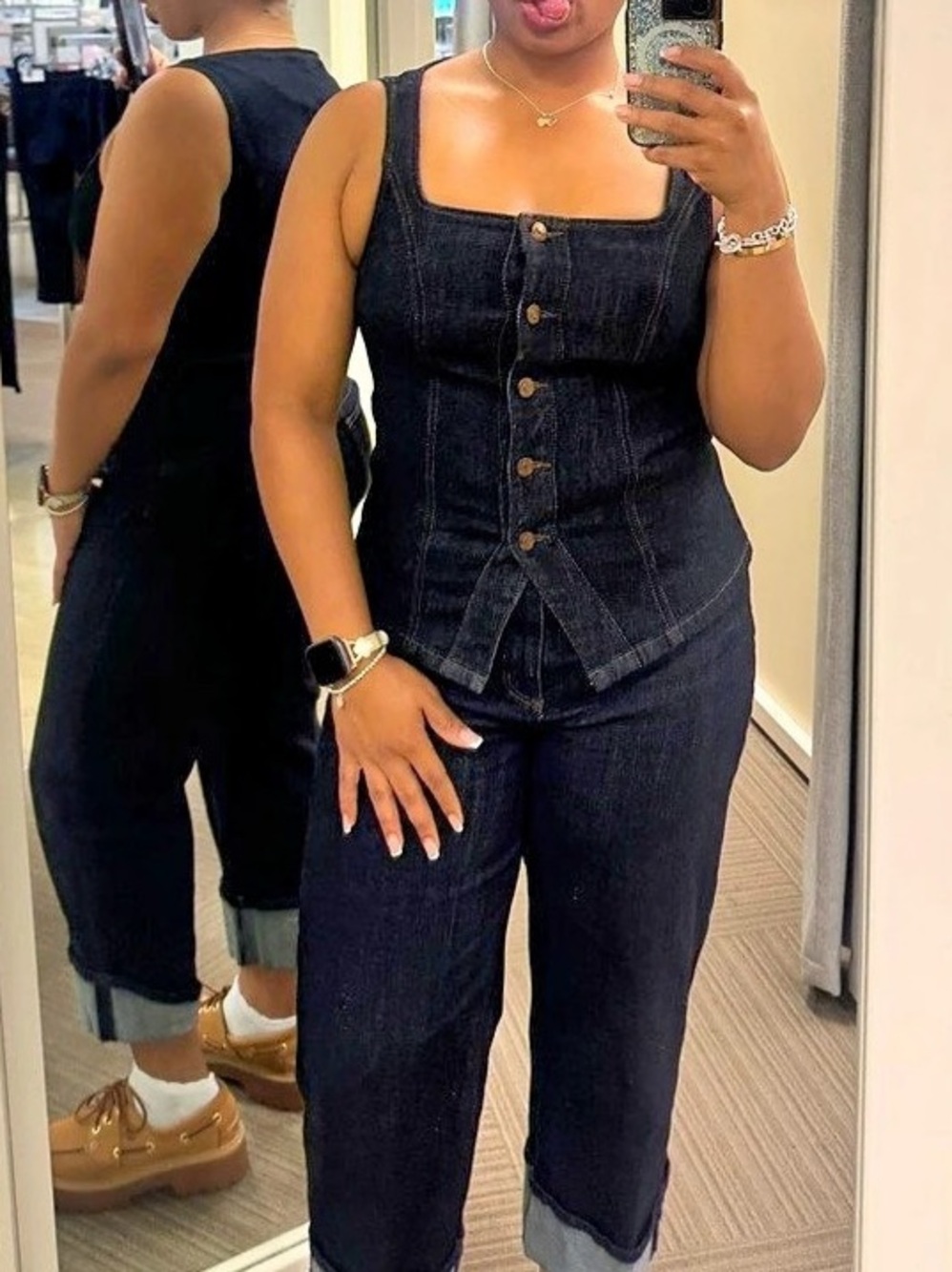 Button Front Denim Set - Loft